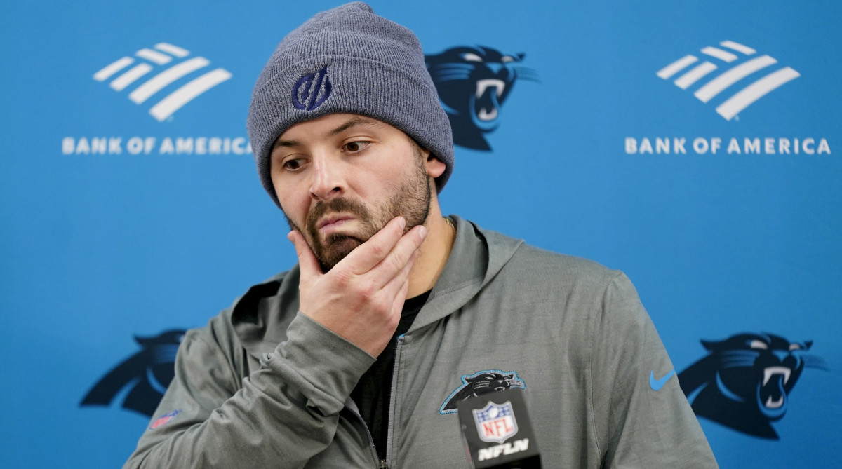 Former Panthers quarterback Baker Mayfield speaks to media after a loss.
